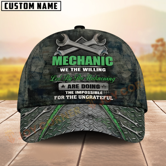 Joycorners Mechanic Metal Plate Cap – Green Tool Quote, Diamond Steel Brim, Custom Name Garage Hat