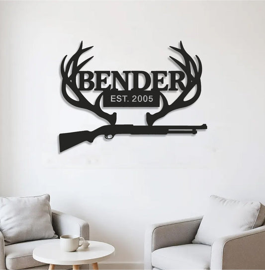 Maxcorners Personalized Metal Sign WITH LED/WITHOUT LED – Deer Antler Hunting Wall Decor with Rifle – Custom Rustic Cabin Sign for Hunters MT0110