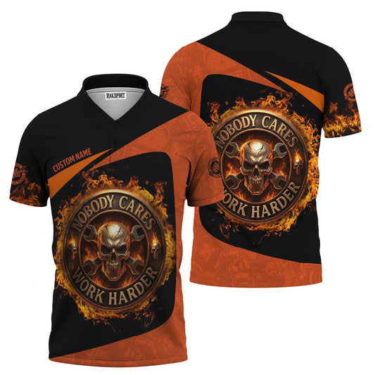 Joycorners Personalized Mechanic Shirt, Nobody Cares Work Harder, Flame Skull Design, Gift For Men PT2609
