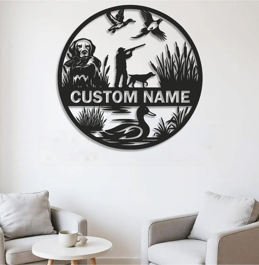 Maxcorners Personalized Metal Sign WITH LED/WITHOUT LED – Duck Hunting Scene with Dog and Hunter – Custom Rustic Wall Decor for Cabin and Lodge MT0110