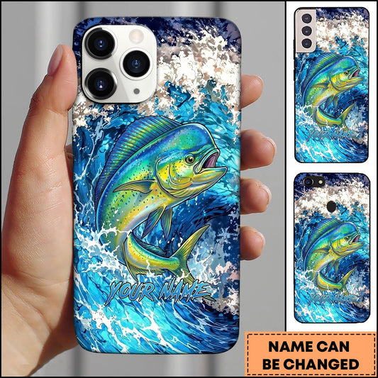 Joycorners Mahi-mahi Jumping Out Of Ocean Wave Blue Splash Art Personalized Name Phone Case