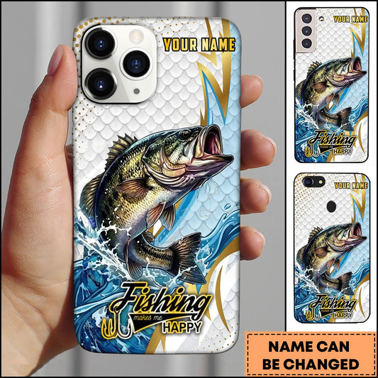 Joycorners Bass Fishing Phone Case Splash Water Gold Lightning Pattern Personalized Name Phone Case