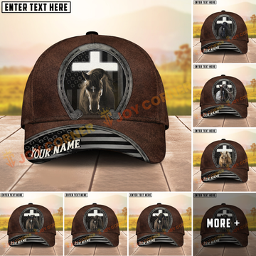 Joycorners Brown Leather Christian Horse & Cross Western Cowboy Personalized Name Cap (8 Breeds)
