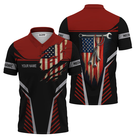 Joycorners Personalized Mechanic Shirt, Wrenches and America Flag Design, Mechanic Uniforms, Gift For Men PT2609