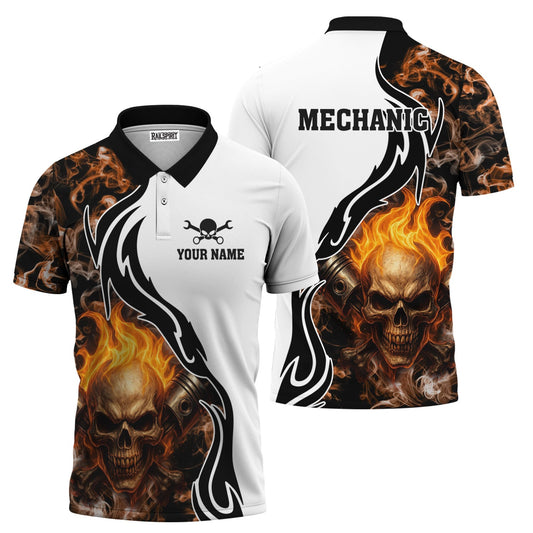 Joycorners Personalized Mechanic Shirt, Skull Engine Piston Flame Design, Mechanic Uniforms, Gift For Men PT2609