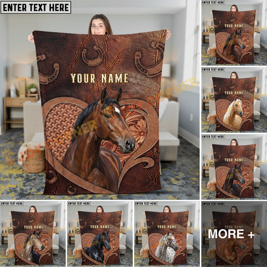 Joycorners Horse Vintage Western Leather Heart Frame Horseshoe Art Personalized Name 3D Blanket  (8 Breeds)
