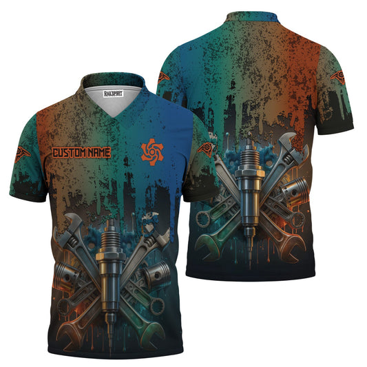 Joycorners Personalized Mechanic Shirt, Colorful Wrenches Piston and Spark Plug Design, Gift For Men PT2609