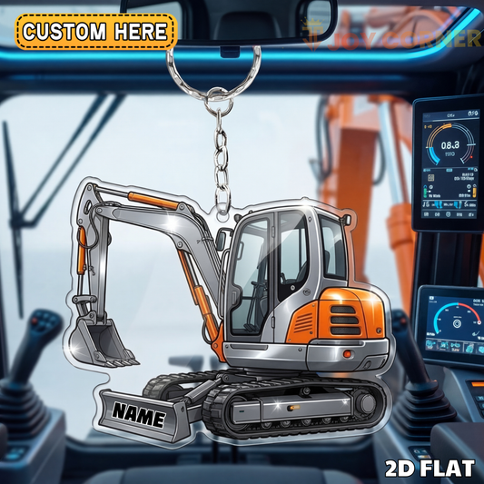 Joycorners Compact Excavator 2D Keychain Orange Mini Digger Side View Personalized Name