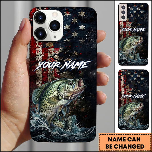 Joycorners Crappie Fishing Phone Case  Vintage USA Flag Grunge Wave Art Personalized Name Phone Case