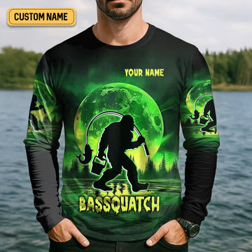 Joycorners Bassquatch Green Neon Bigfoot Fishing Shirt, SPF Shirt For Men, Gift For Fisherman, Bass Fishing