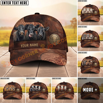 Joycorners Cow Farm Western Tooled Leather Cow Trio Personalized Name Cap (8 Breeds)