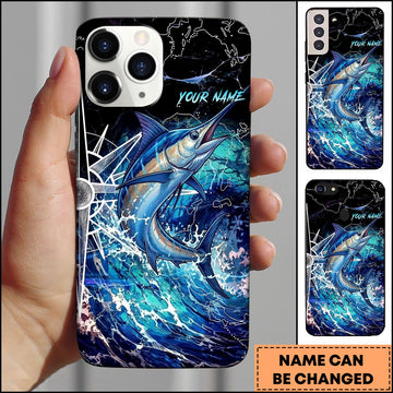 Joycorners Marlin Electric Wave Splash Dark Blue Art Personalized Name Phone Case
