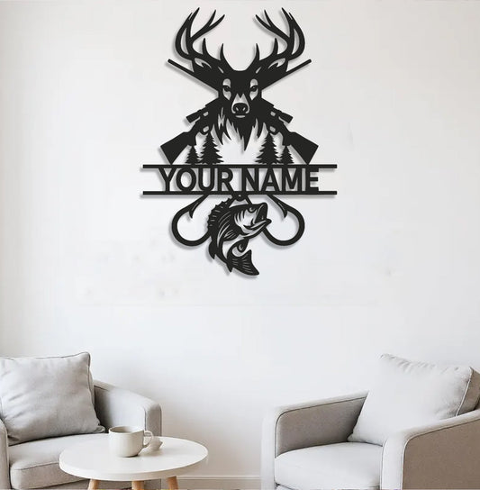 Maxcorners Personalized Deer Hunting and Fishing Metal Sign WITH LED/WITHOUT LED – Rustic Cabin Wall Decor, Gift for Hunters and Anglers MT0110