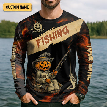 Joycorners Pumpkin Fishing SPF Shirt, Halloween Fishing Men Jersey, Funny Fishing Shirt, Presents For Fishermen
