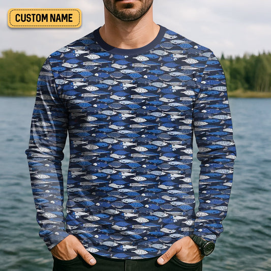 Joycorners Blue Fish Pattern Performance Fishing Shirts, SPF Shirt For Men, Hooded Fishing Shirt, Fishing Shirts For Men