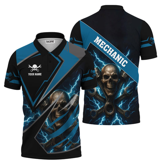 Joycorners Personalized Mechanic Shirt, Skull Engine Piston Wrench Lighting Design, Mechanic Uniforms, Gift For Men PT2609