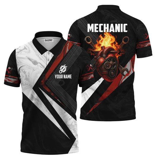 Joycorners Custom Name Mechanic Shirt Mechanic Heart Fire Printed Mechanic T Shirt PT2609