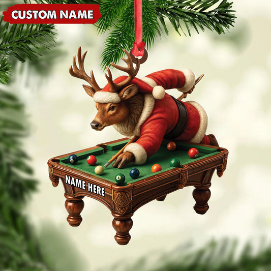 Joycorners Personalized Acrylic Deer Christmas Ornament – Funny Buck Playing Pool in Santa Outfit Holiday Decor MT1111