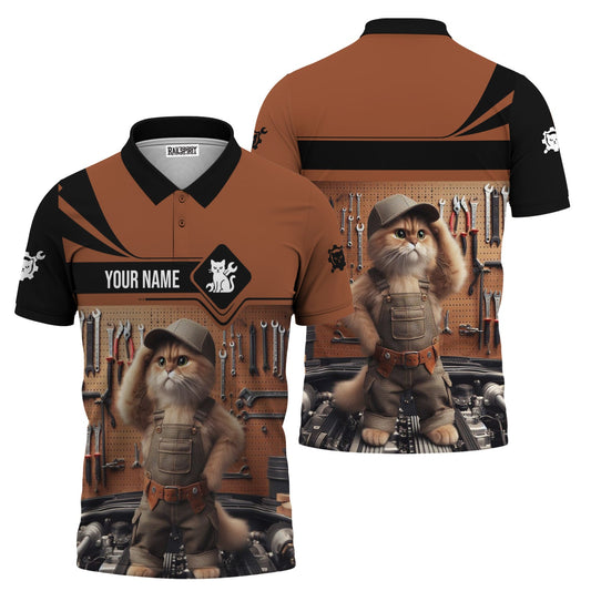 Joycorners Custom Name Funny Mechanic Cat Wearing Uniform Shirt All Over Printed Mechanic T Shirt PT2609