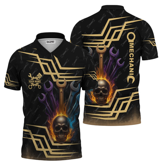 Joycorners Personalized Mechanic Shirt, Skull Colorful Wrenches Design, Mechanic Uniforms, Gift For Men PT2609