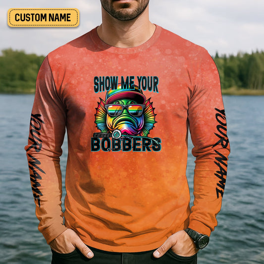 Joycorners Show Me Your Bobbers Shirt, Orange Neon Men Fishing Shirt, Funny Fishing Shirt, SPF Shirt