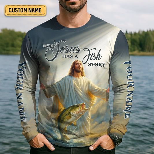 Joycorners Even Jesus Has A Fish Story Funny Fishing Shirt, SPF Shirt For Men, Men Long Sleeve Shirt