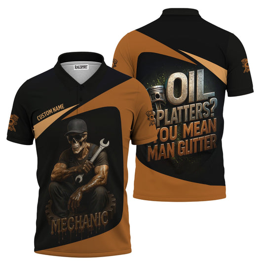 Joycorners Personalized Mechanic Shirt, Oil Splatters You Mean Man Glitter, Skull Mechanic Design, Gift For Men PT2609