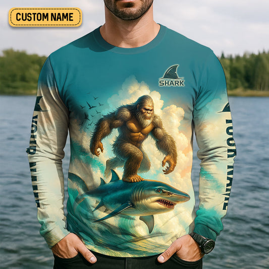 Joycorners Bigfoot's New Ride Shark Surfing Fishing UPF Shirts, Funny Fishing Shirt, Presents For Fishermen