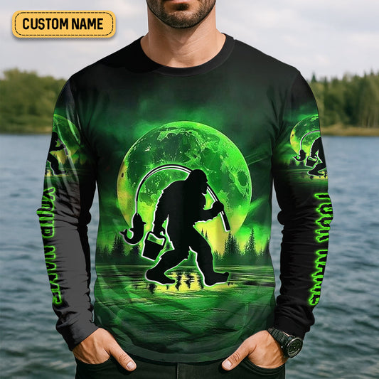 Joycorners Gone Squatchin And Catchin Bigfoot Neon Green Color Funny Fishing Shirt, SPF Shirt For Men, Presents For Fishermen
