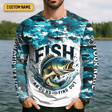 Joycorners Mens Fish Around And Find Out T Shirt, Funny Fishing Shirt, Mens SPF Shirt, Fishing Gifts For Men, Bass Fishing
