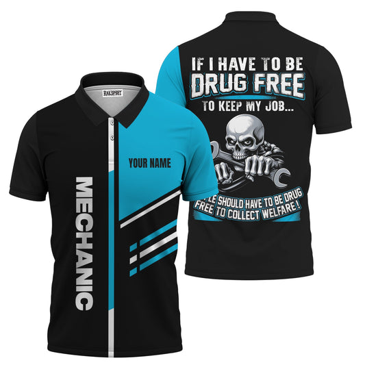 Joycorners Personalized Mechanic Shirt, Drug Free Job Quote, Custom Name Shirt, Cool Skull Design, Funny Work Apparel, Gift for Mechanics PT2609