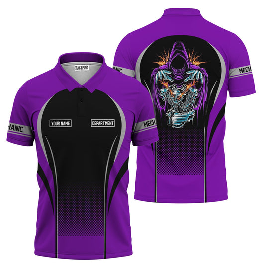 Joycorners Custom Mechanic Shirt, Personalized Work Uniform, Custom Name & Department, Cool Mechanic Graphic Tee, Purple Engine Skull Design PT2609