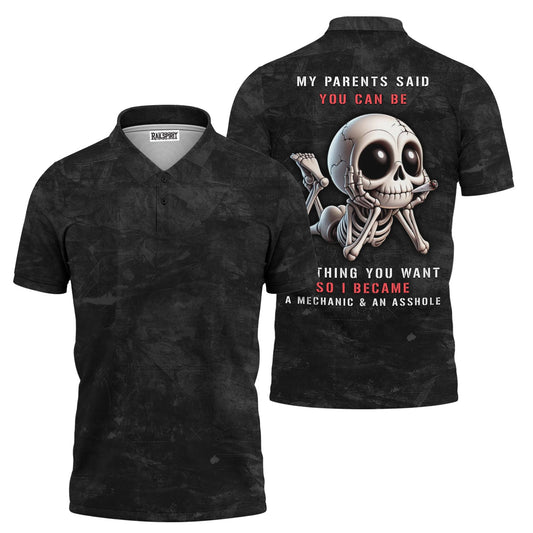 Joycorners Funny Skeleton Mechanic Shirt, My Parents Said I Can Be Anything Unique Humor Apparel for Mechanics and Rebels, Funny Gift for Men PT2609
