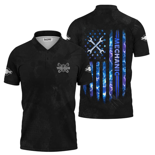 Joycorners American Flag Mechanic Shirt, Blue Lightning & Tools Graphic, Perfect Patriotic Gift Shirt for Auto Repair Workers & Garage Fans PT2609