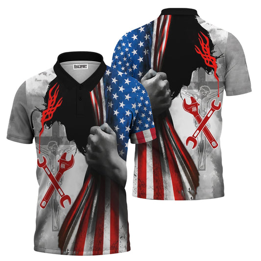 Joycorners USA Flag Mechanic Wrench Shirt, Vintage Red, White & Blue Shirt for Workers, Bold American Pride Shirt PT2609