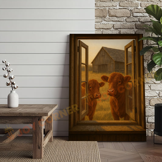 Joycorners Red Angus Cows at Farm Window Vintage Barn Country Wrapped Canvas Wall Art