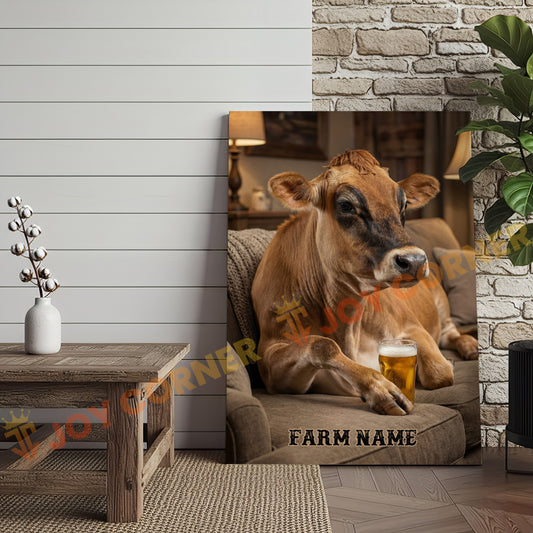 Joycorners Cattle Cow Cozy Farmhouse Jersey Cow Relaxing On Sofa Personalized Name Canvas