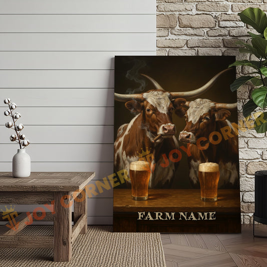 Joycorner Texas Longhorn Cowboy Beer Bar – Personalized Farm Name 3D Wrapped Canvas