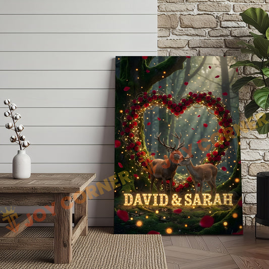 Joycorners Deer Couple Rose Heart Forest Light Effect Personalized Name Canvas