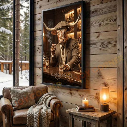 Joycorners Texas Longhorn Gentleman Whiskey Bar Vintage Suit Art Personalized Name Wall Art Canvas