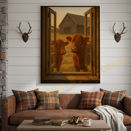 Joycorners Red Angus Cows at Farm Window Vintage Barn Country Wrapped Canvas Wall Art