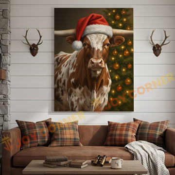 Joycorner Longhorn Cow Santa Hat Christmas Tree 3D Wrapped Canvas