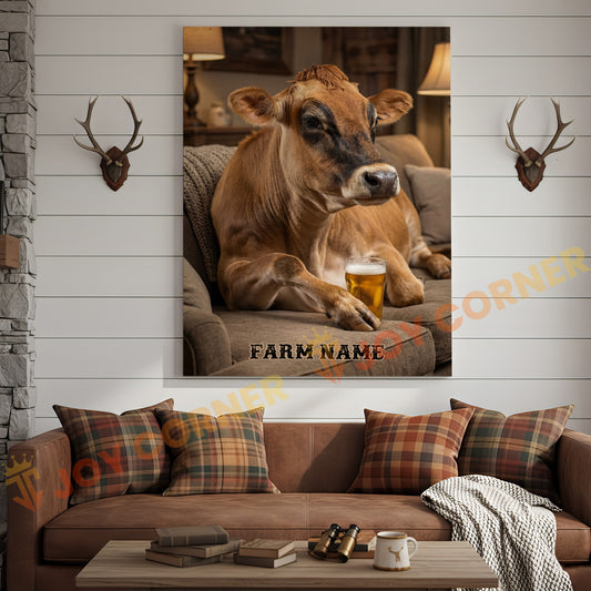 Joycorners Cattle Cow Cozy Farmhouse Jersey Cow Relaxing On Sofa Personalized Name Canvas