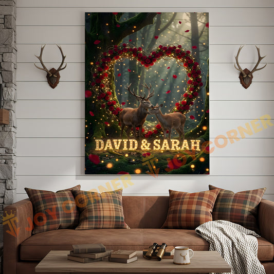 Joycorners Deer Couple Rose Heart Forest Light Effect Personalized Name Canvas