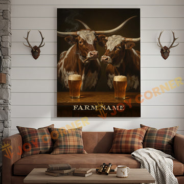 Joycorner Texas Longhorn Cowboy Beer Bar – Personalized Farm Name 3D Wrapped Canvas