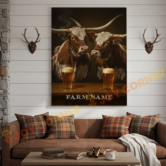 Joycorner Texas Longhorn Cowboy Beer Bar – Personalized Farm Name 3D Wrapped Canvas