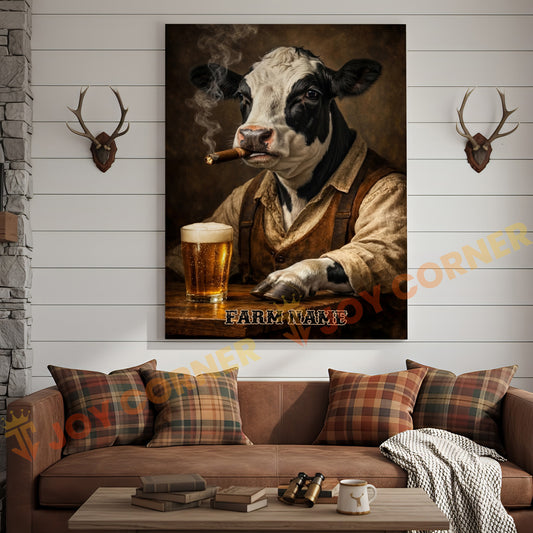 Joycorners Cattle Cow Farmhouse Holstein Cow Drinking Beer Personalized Name Canvas