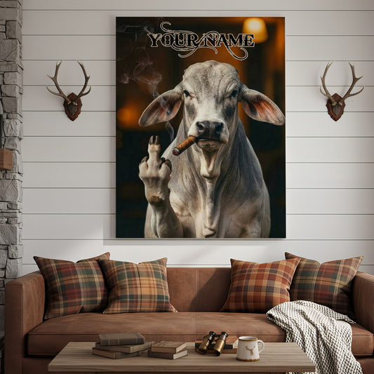 Joycorner Brahman Smoking Cow Flipping Finger Attitude Wall Art Custom Name Rustic Canvas