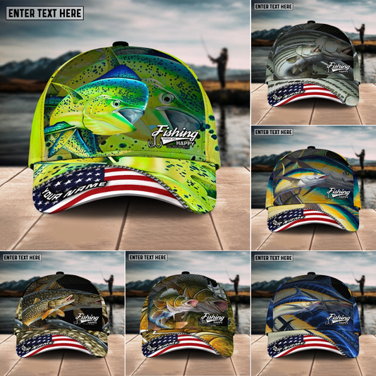 Joycorners Fishing Fishing Make Me Happy Skinfish Flag Of US Sport Pattern Personalized Name 3D Cap (11 Breeds)
