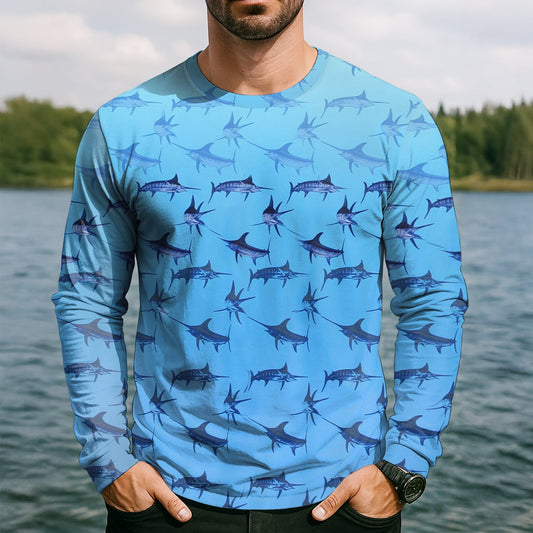 Joycorners Swordfish Pattern Blue Fishing Shirt, Cute Fishing Outfits, SPF Shirt For Men, Men's Fishing Shirt